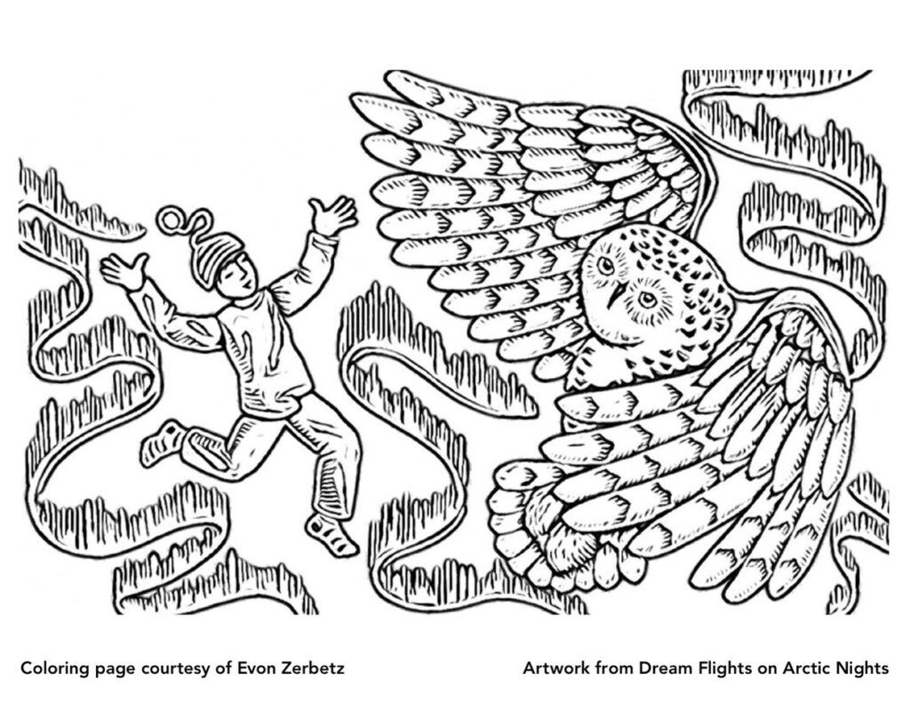 Dream Flights on Arctic Nights Coloring Page Owl & Child